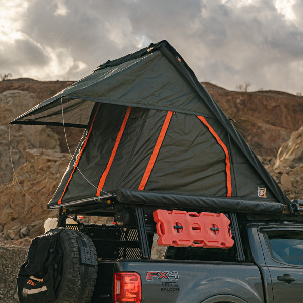 BA TENTS - "PACKOUT"- PREASSEMBLED Soft top Rooftop Tent (Universal Fit) - Black/Rhinotec Cover + Grey/Org Tent - 45x78"